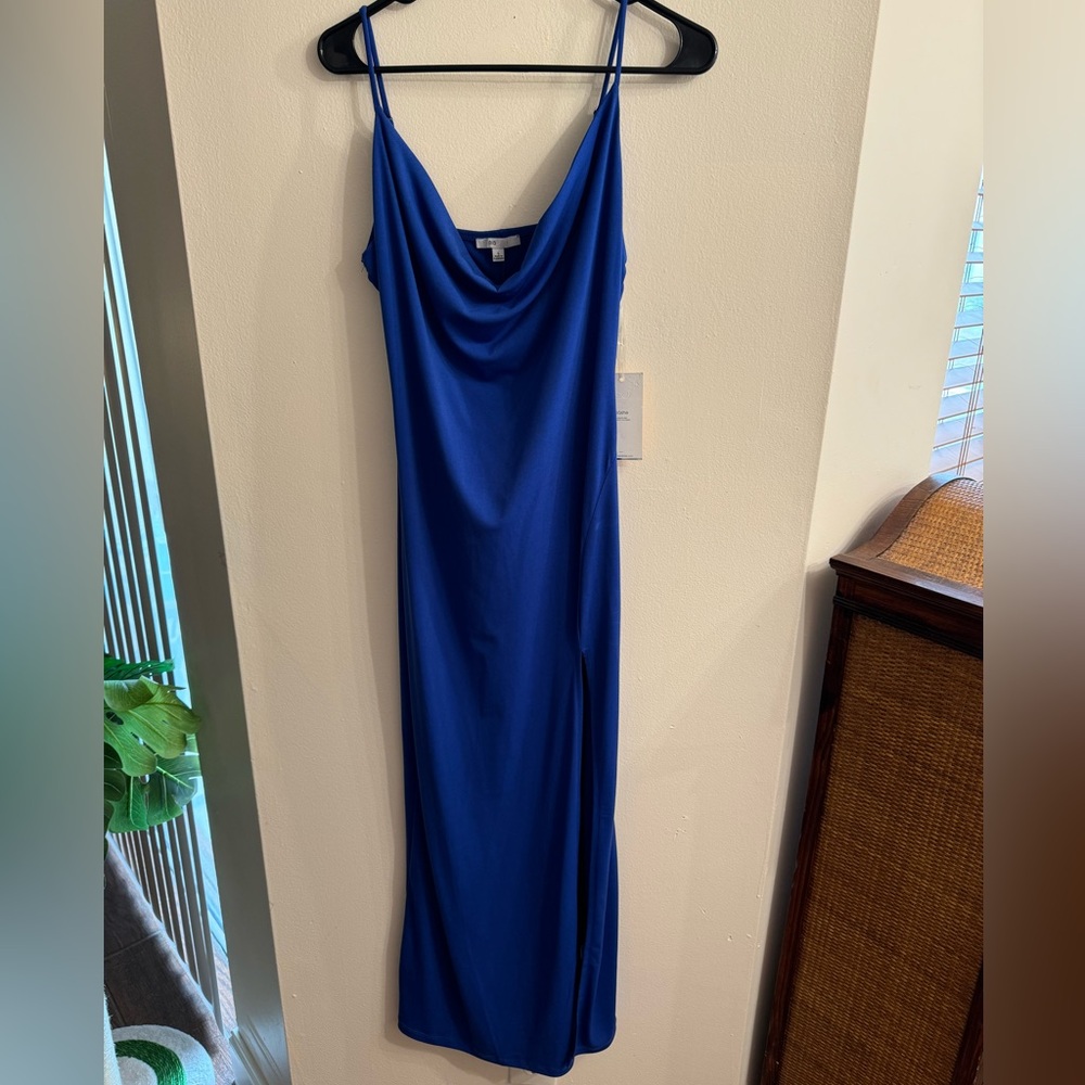 Blāshe Royal Blue Cowl Neck With Slit Maxi Dress Size Large NWT